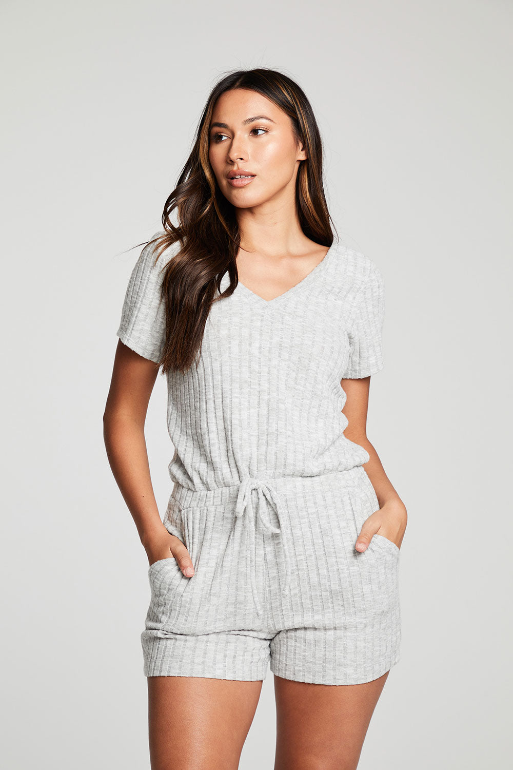 Poor Boy Rib Double V Short Sleeve Shorts Romper WOMENS chaserbrand