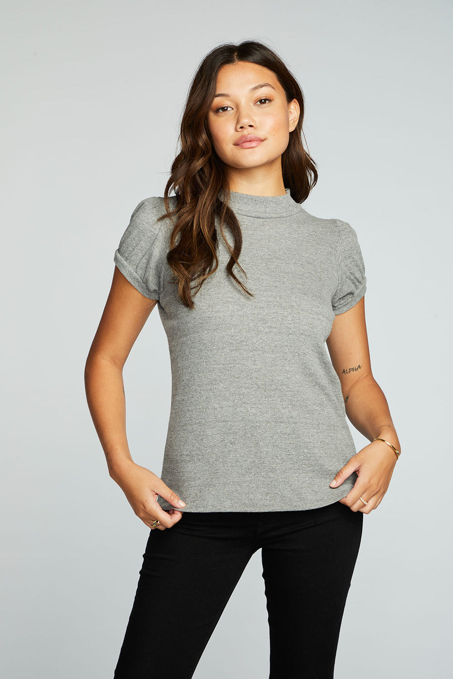 Triblend Rib Mock Neck Short Puff Sleeve Tee WOMENS chaserbrand
