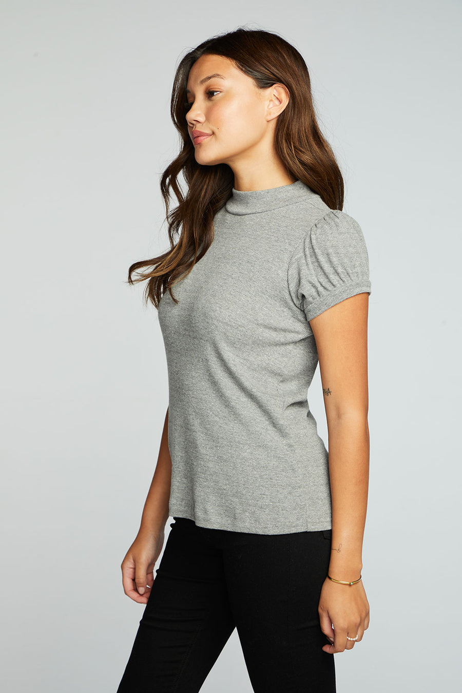 Triblend Rib Mock Neck Short Puff Sleeve Tee WOMENS chaserbrand