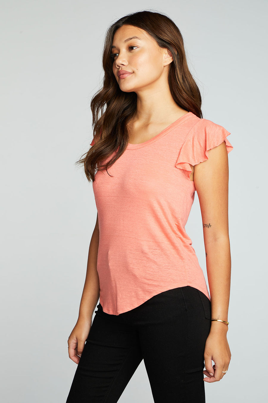 Linen Jersey Scoop Neck Flutter Sleeve Shirttail Tee WOMENS chaserbrand