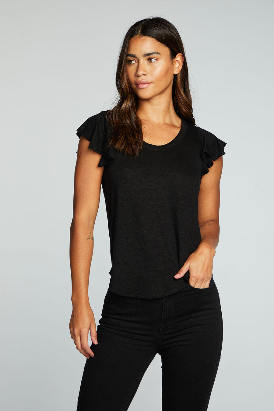 Linen Jersey Scoop Neck Flutter Sleeve Shirttail Tee WOMENS chaserbrand