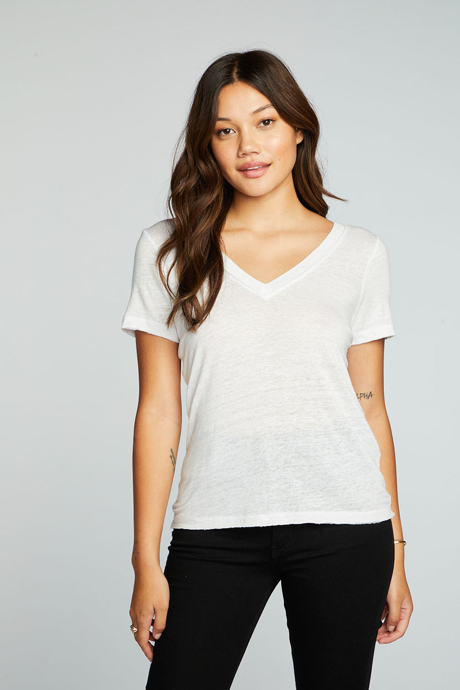 Linen Jersey Raw Edge Double V Short Sleeve Tee WOMENS chaserbrand