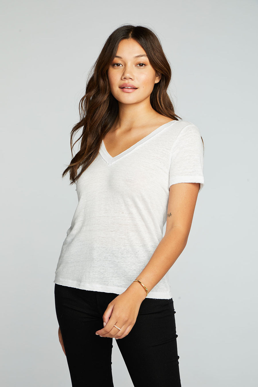 Linen Jersey Raw Edge Double V Short Sleeve Tee WOMENS chaserbrand