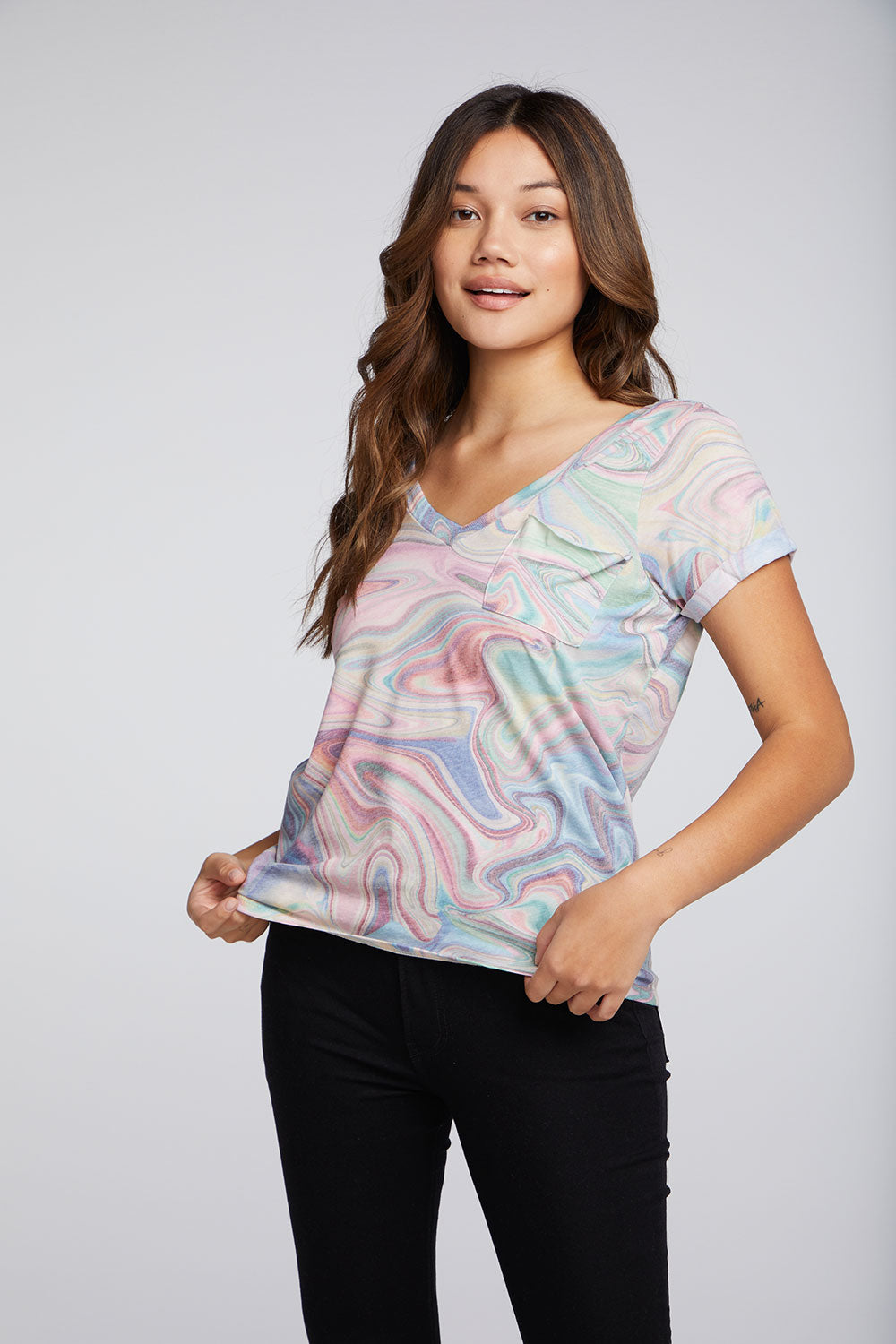 Recycled Vintage Jersey Double V Hi Lo Pocket Tee with Rolled Sleeves WOMENS chaserbrand