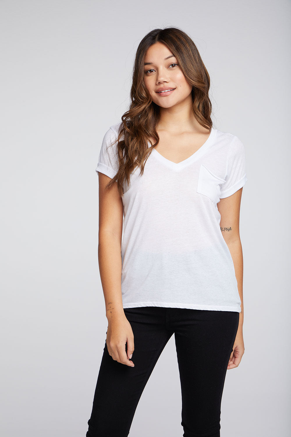 Recycled Vintage Jersey Double V Hi Lo Pocket Tee with Rolled Sleeves WOMENS chaserbrand