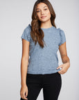 Linen Rib Raw Edge Ruffle Puff Sleeve Tee WOMENS chaserbrand