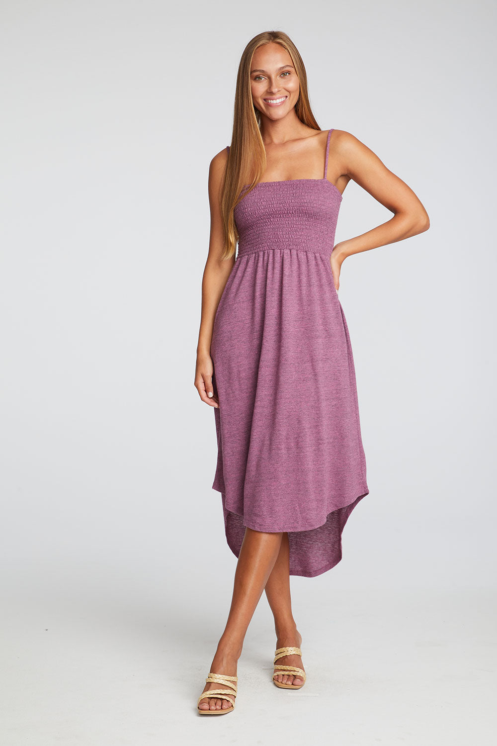 Triblend Jersey Smocked Cami Hi Lo Shirttail Midi Sundress WOMENS chaserbrand