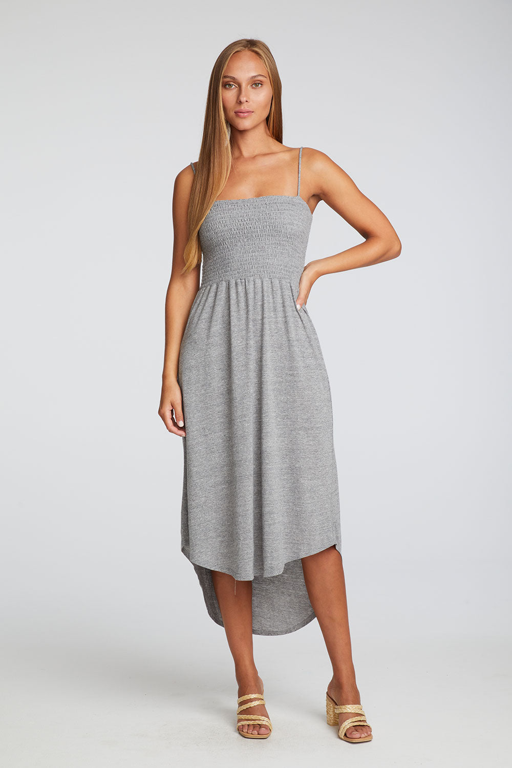Triblend Jersey Smocked Cami Hi Lo Shirttail Midi Sundress WOMENS chaserbrand
