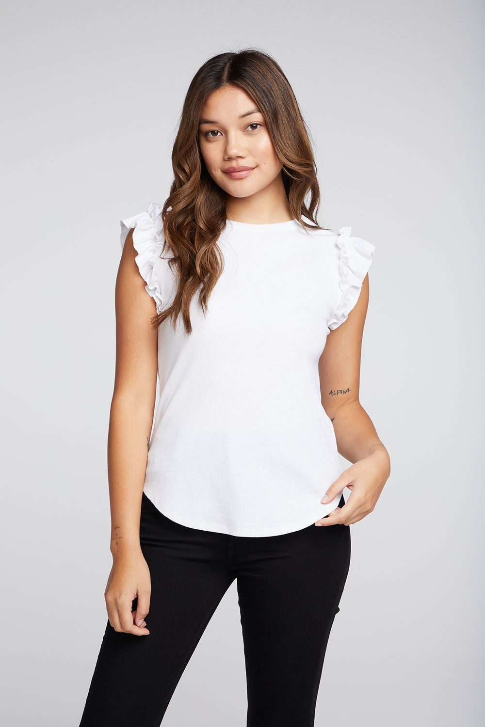 Recycled Vintage Rib Ruffle Sleeve Shirttail Tee WOMENS chaserbrand