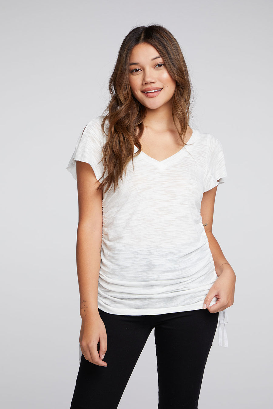 Slub Jersey Split Sleeve V Neck Drawstring Side Shirred Tee WOMENS chaserbrand