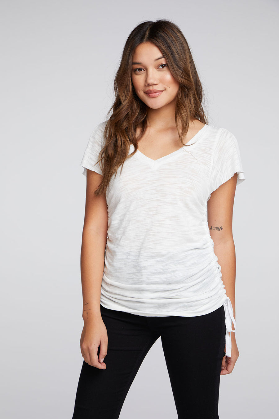 Slub Jersey Split Sleeve V Neck Drawstring Side Shirred Tee WOMENS chaserbrand