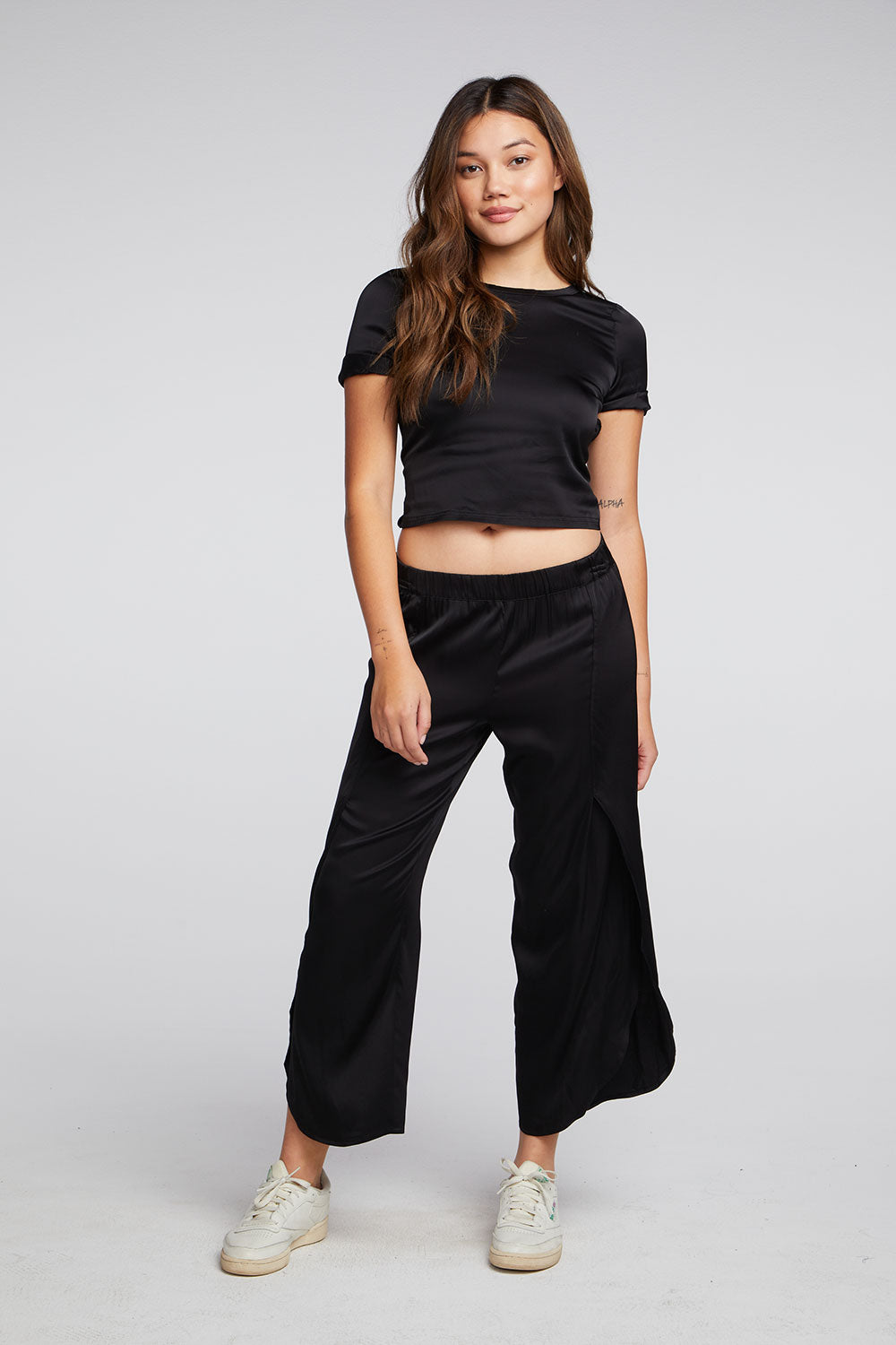Stretch Silky Basics Cropped Open Back Tie Tee WOMENS chaserbrand