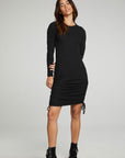 Rouched Drawstring Long Sleeve Crew Neck Dress WOMENS chaserbrand