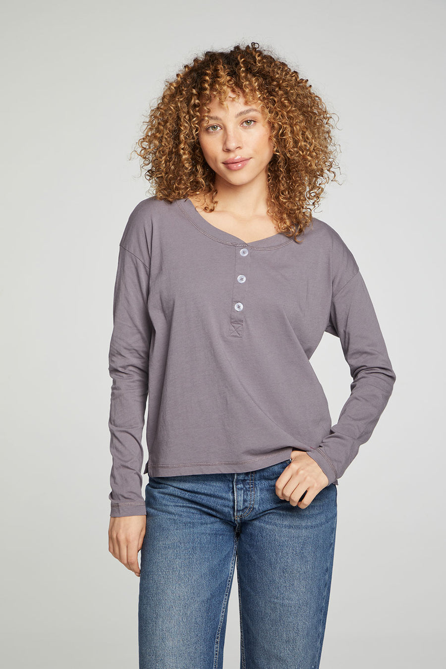 Cropped Boxy Long Sleeve Henley With Side Slits WOMENS chaserbrand
