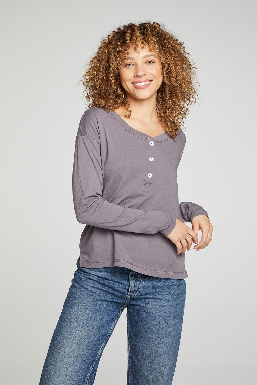 Cropped Boxy Long Sleeve Henley With Side Slits WOMENS chaserbrand