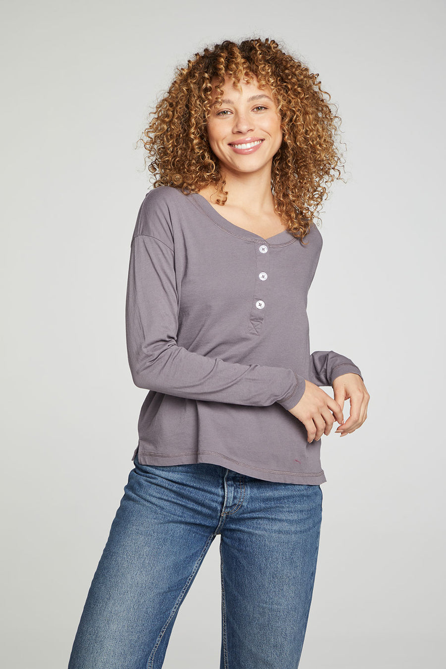 Cropped Boxy Long Sleeve Henley With Side Slits WOMENS chaserbrand