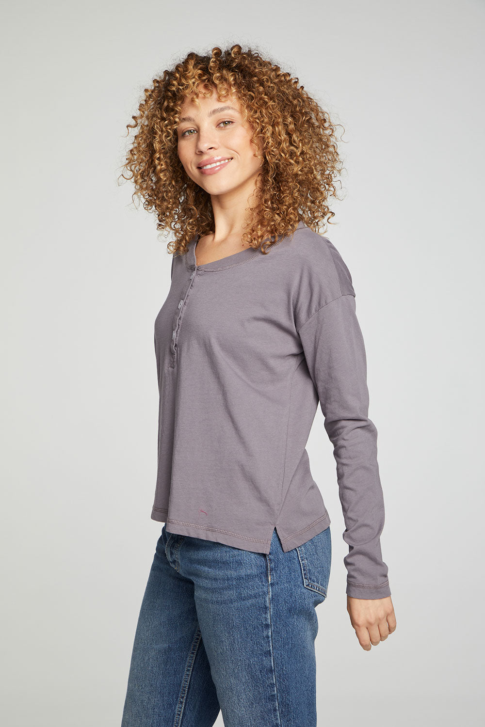 Cropped Boxy Long Sleeve Henley With Side Slits WOMENS chaserbrand