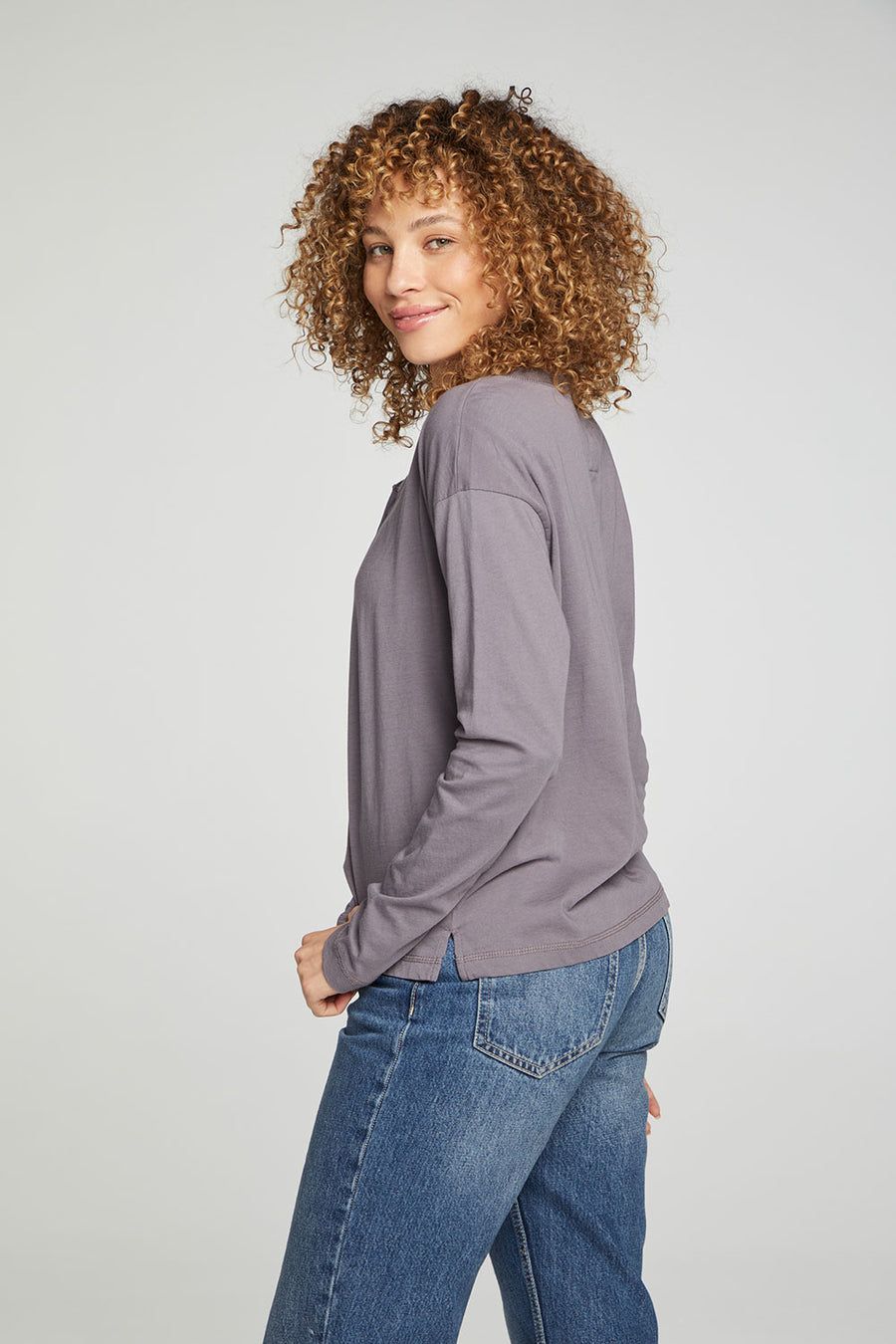 Cropped Boxy Long Sleeve Henley With Side Slits WOMENS chaserbrand