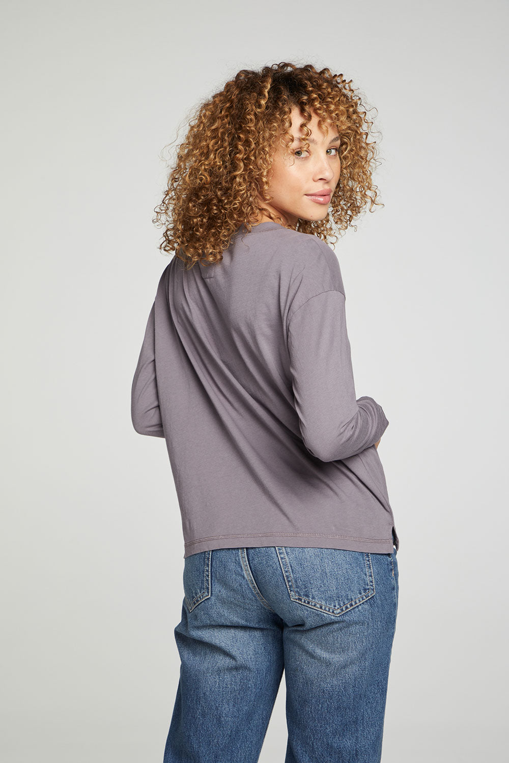 Cropped Boxy Long Sleeve Henley With Side Slits WOMENS chaserbrand