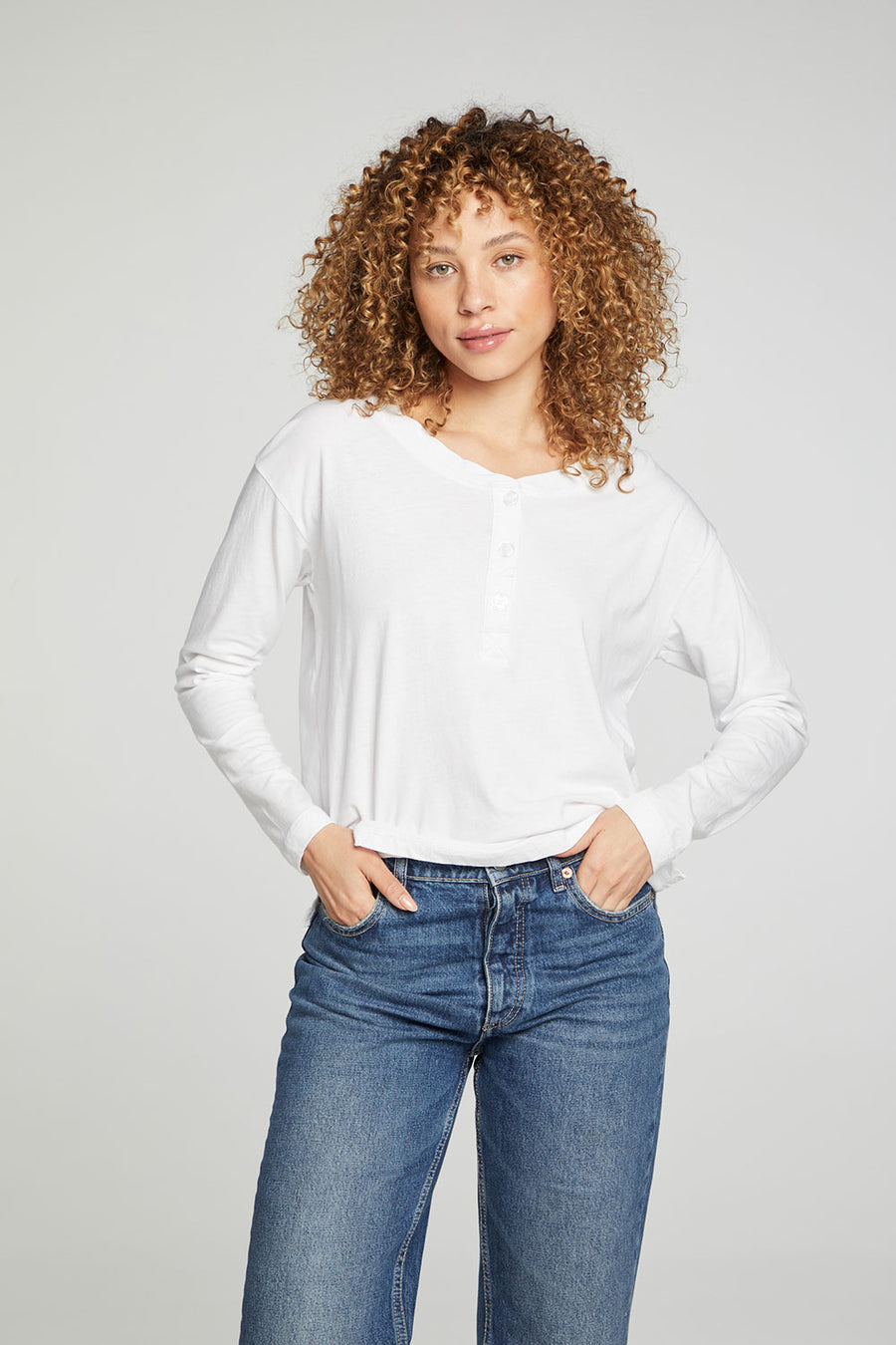 Cropped Boxy Long Sleeve Henley With Side Slits WOMENS chaserbrand