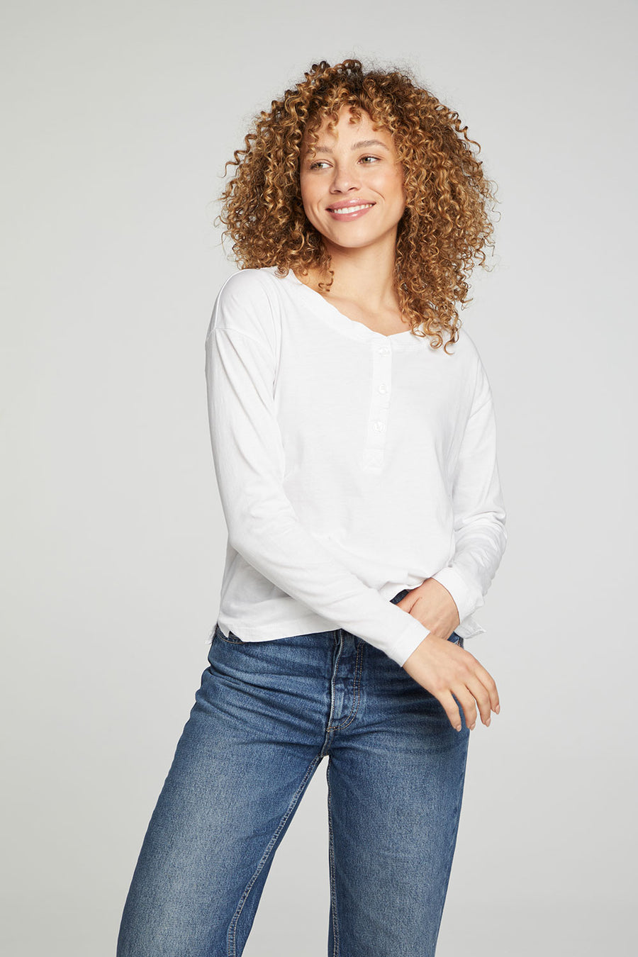 Cropped Boxy Long Sleeve Henley With Side Slits WOMENS chaserbrand