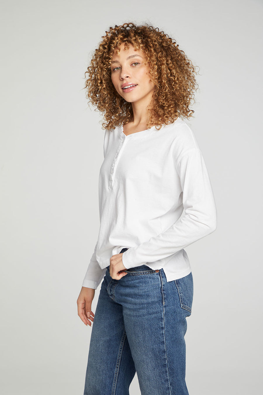 Cropped Boxy Long Sleeve Henley With Side Slits WOMENS chaserbrand