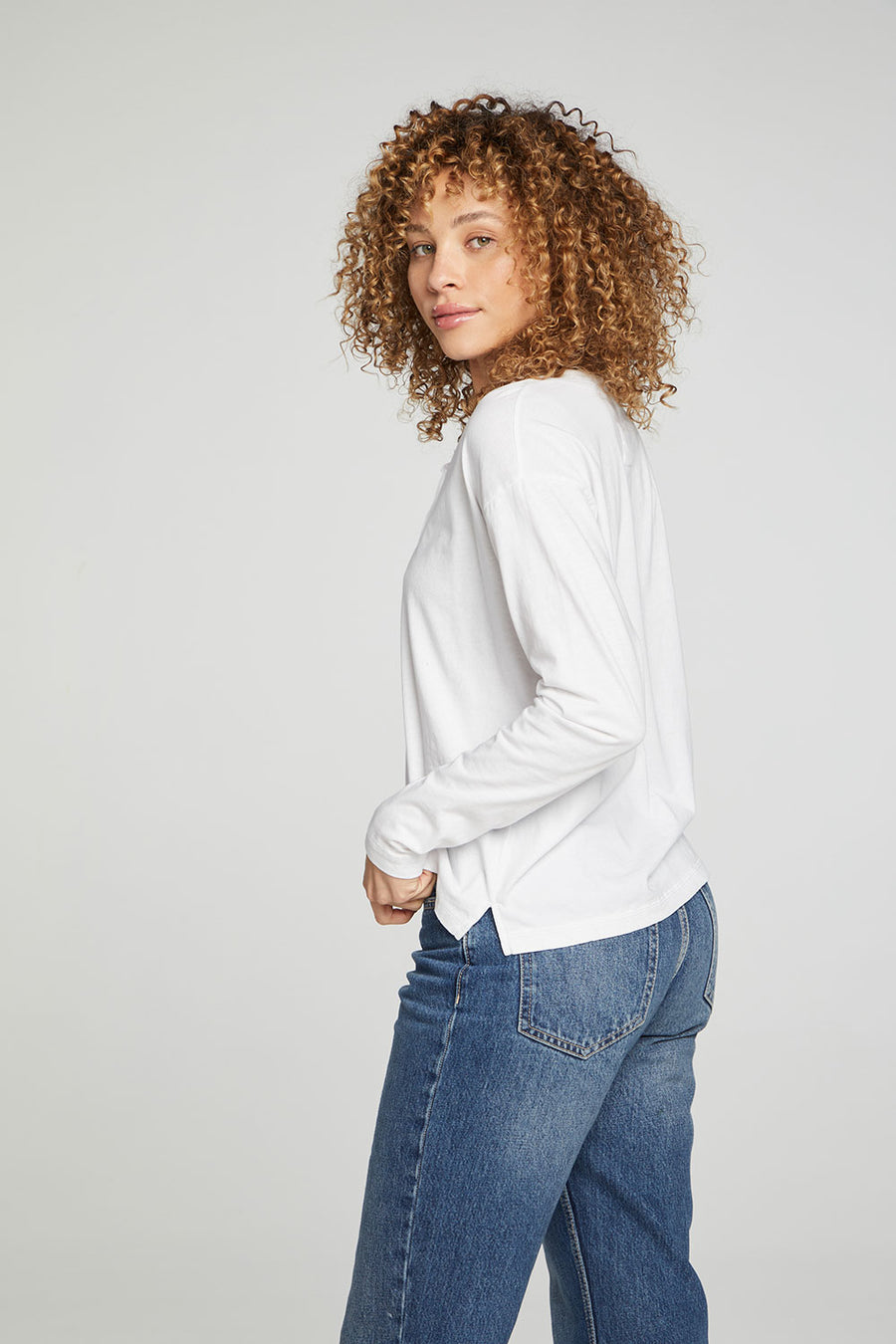 Cropped Boxy Long Sleeve Henley With Side Slits WOMENS chaserbrand