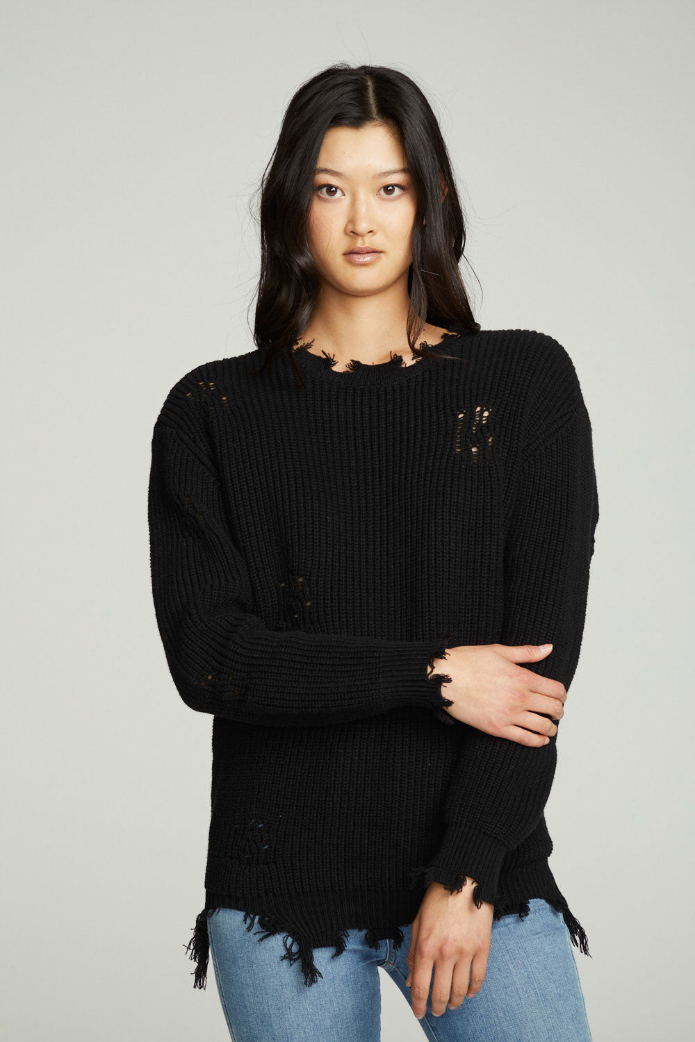 Long Sleeve Crew Neck Deconstructed Sweater Pullover WOMENS chaserbrand