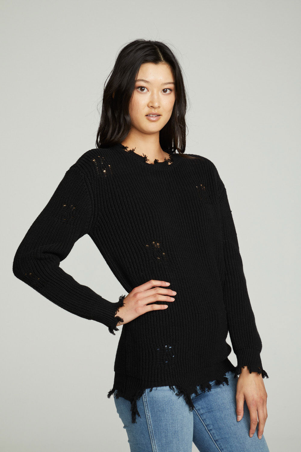 Long Sleeve Crew Neck Deconstructed Sweater Pullover WOMENS chaserbrand