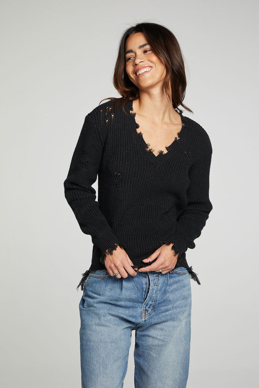 Long Sleeve V-neck Deconstructed Sweater Pullover WOMENS chaserbrand