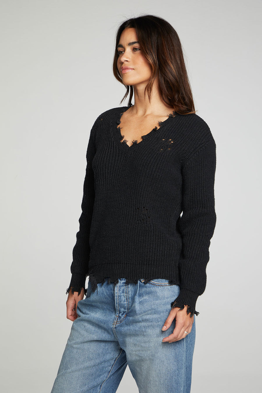 Long Sleeve V-neck Deconstructed Sweater Pullover WOMENS chaserbrand