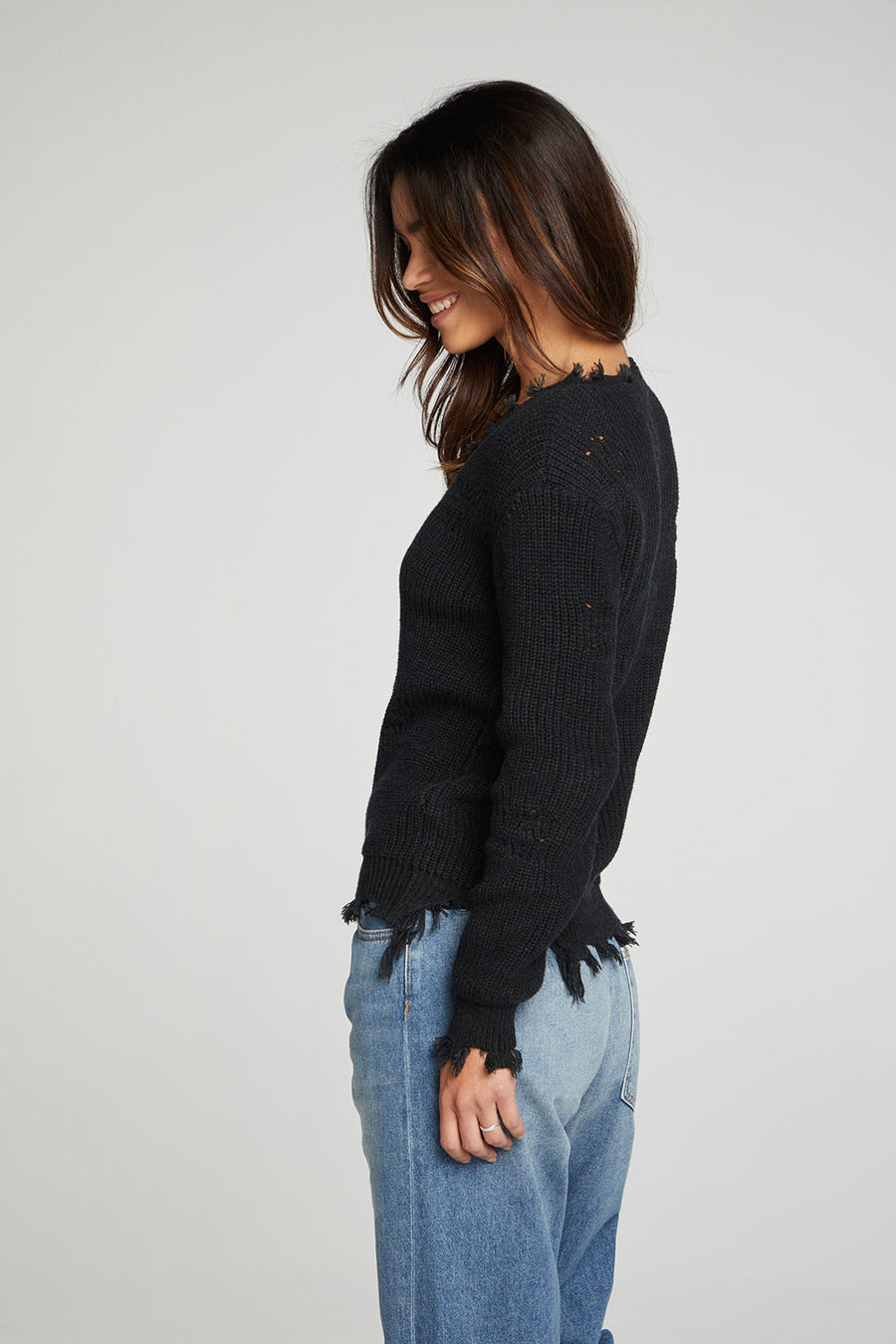 Long Sleeve V-neck Deconstructed Sweater Pullover WOMENS chaserbrand