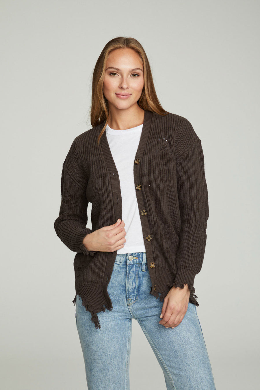 Long Sleeve Button Down Deconstructed  Sweater Cardigan WOMENS chaserbrand