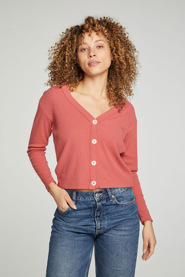 Button Down Cropped Long Sleeve Cardigan WOMENS chaserbrand