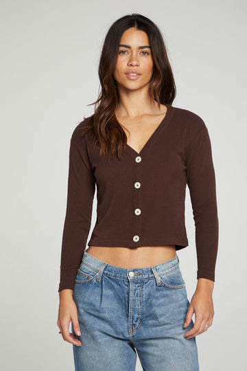 Button Down Cropped Long Sleeve Cardigan WOMENS chaserbrand