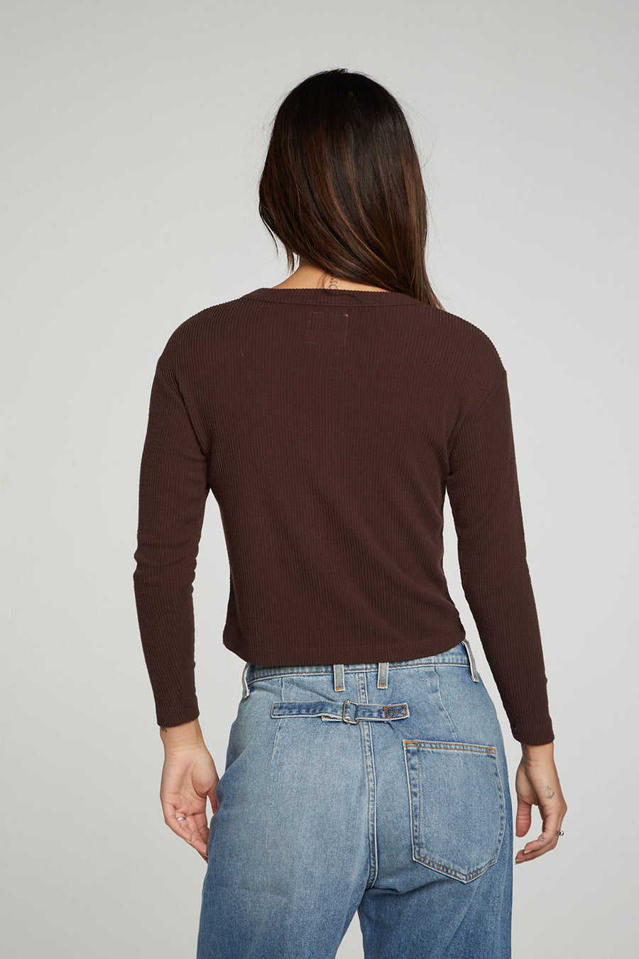 Button Down Cropped Long Sleeve Cardigan WOMENS chaserbrand