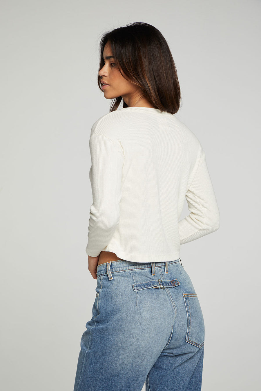 Button Down Cropped Long Sleeve Cardigan WOMENS chaserbrand