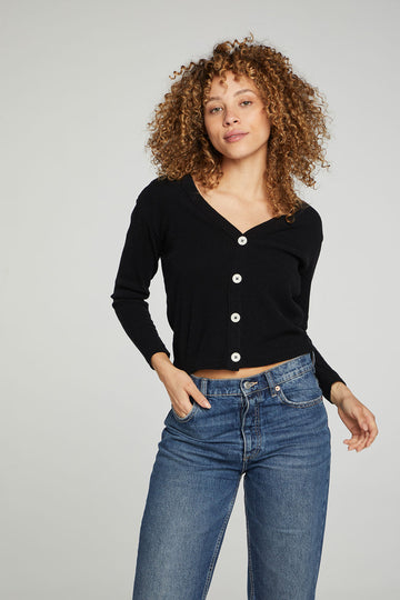 Button Down Cropped Long Sleeve Cardigan WOMENS chaserbrand