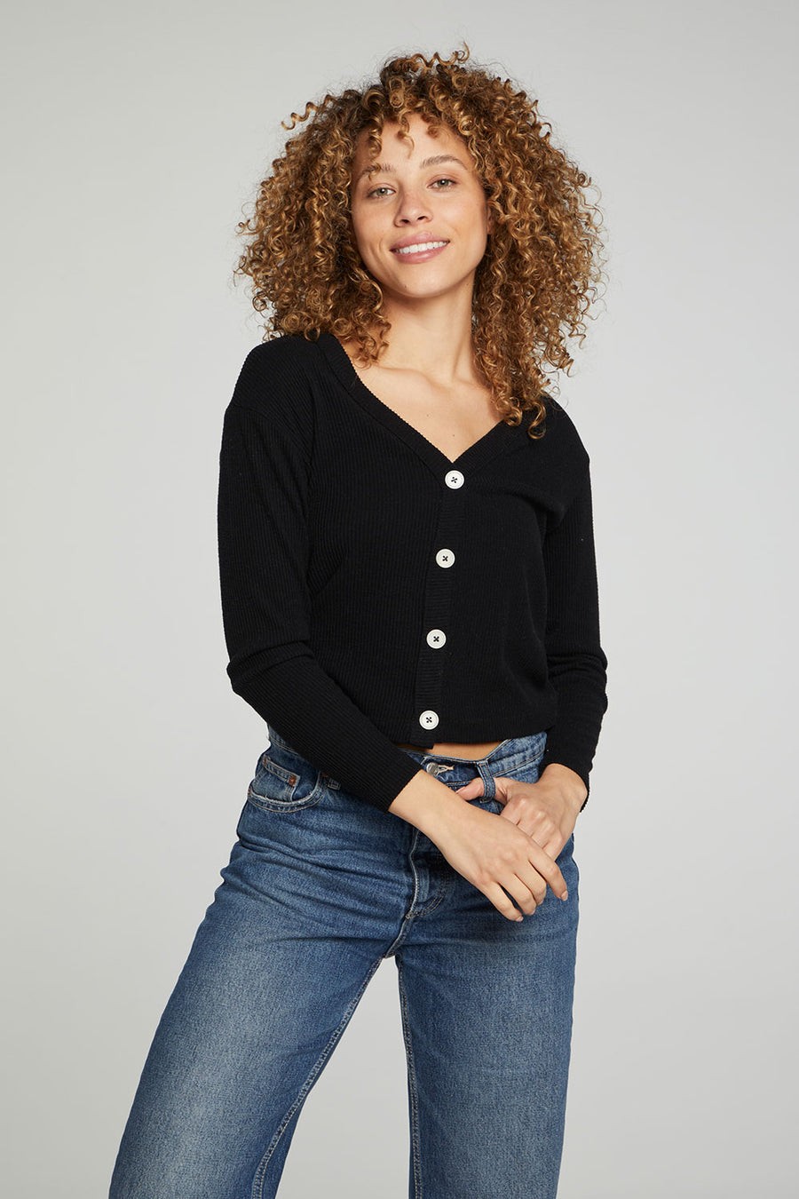 Button Down Cropped Long Sleeve Cardigan WOMENS chaserbrand
