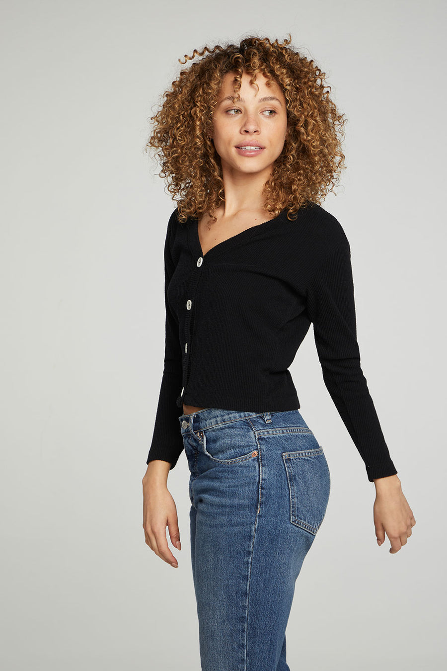 Button Down Cropped Long Sleeve Cardigan WOMENS chaserbrand