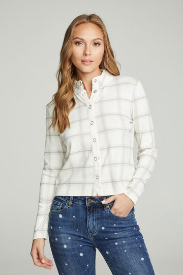 Long Sleeve Snap Front Mock Neck Tee WOMENS chaserbrand