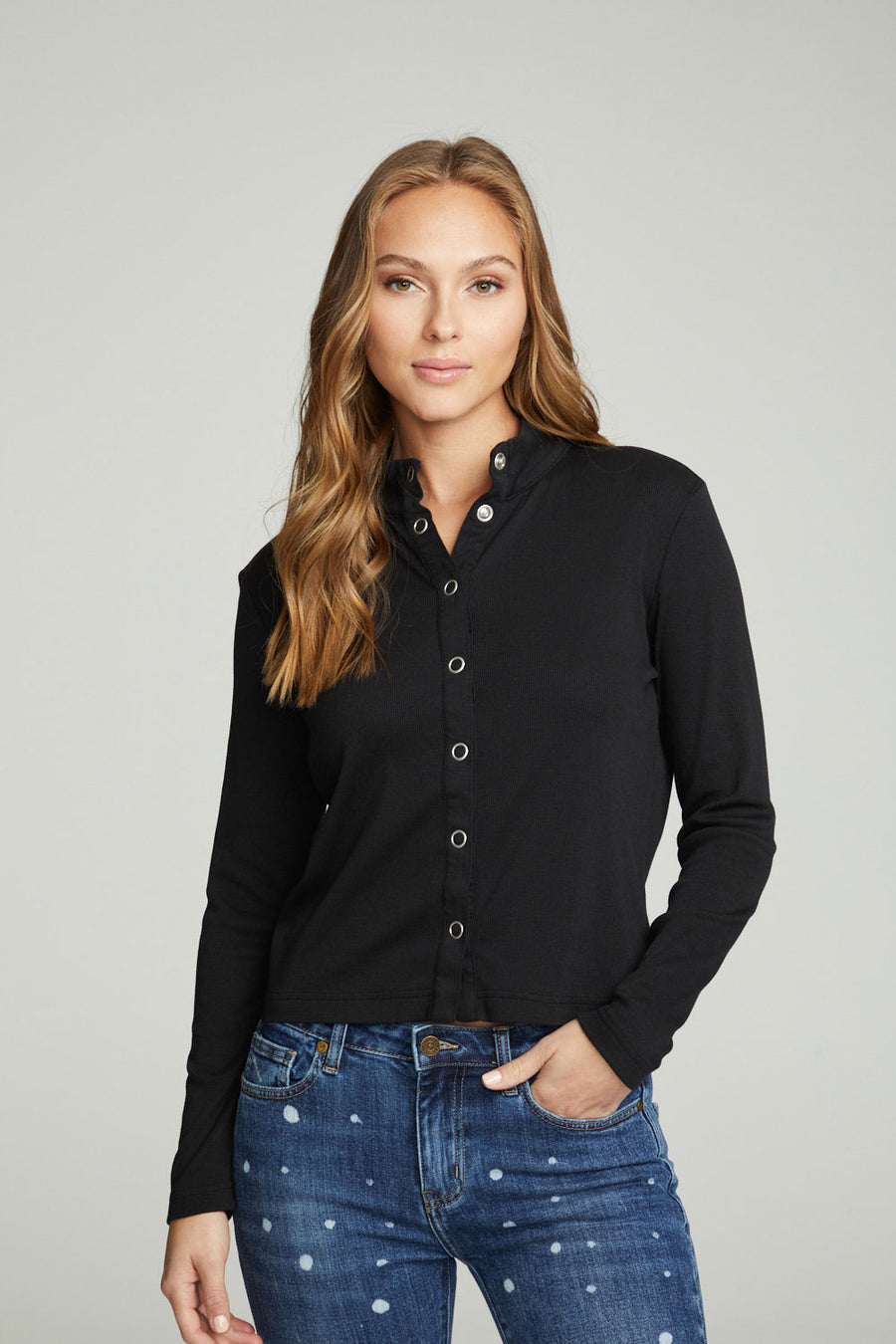 Long Sleeve Snap Front Mock Neck Tee WOMENS chaserbrand