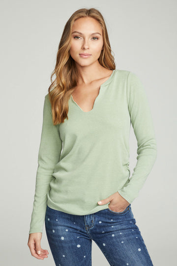 Long Sleeve Split Neck Rouched Side Tee WOMENS chaserbrand