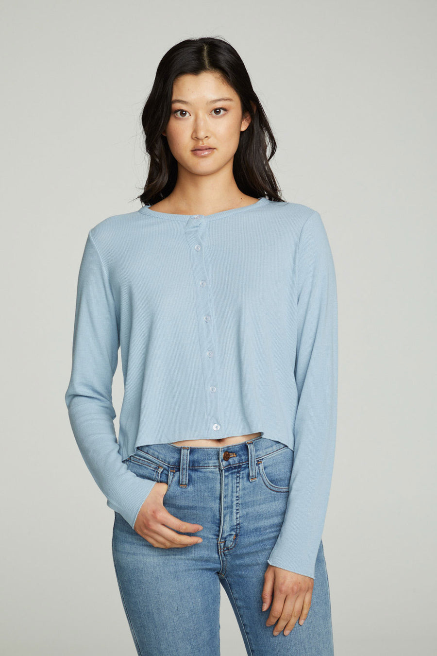 Long Sleeve Button Down Semi Cropped Tee WOMENS chaserbrand
