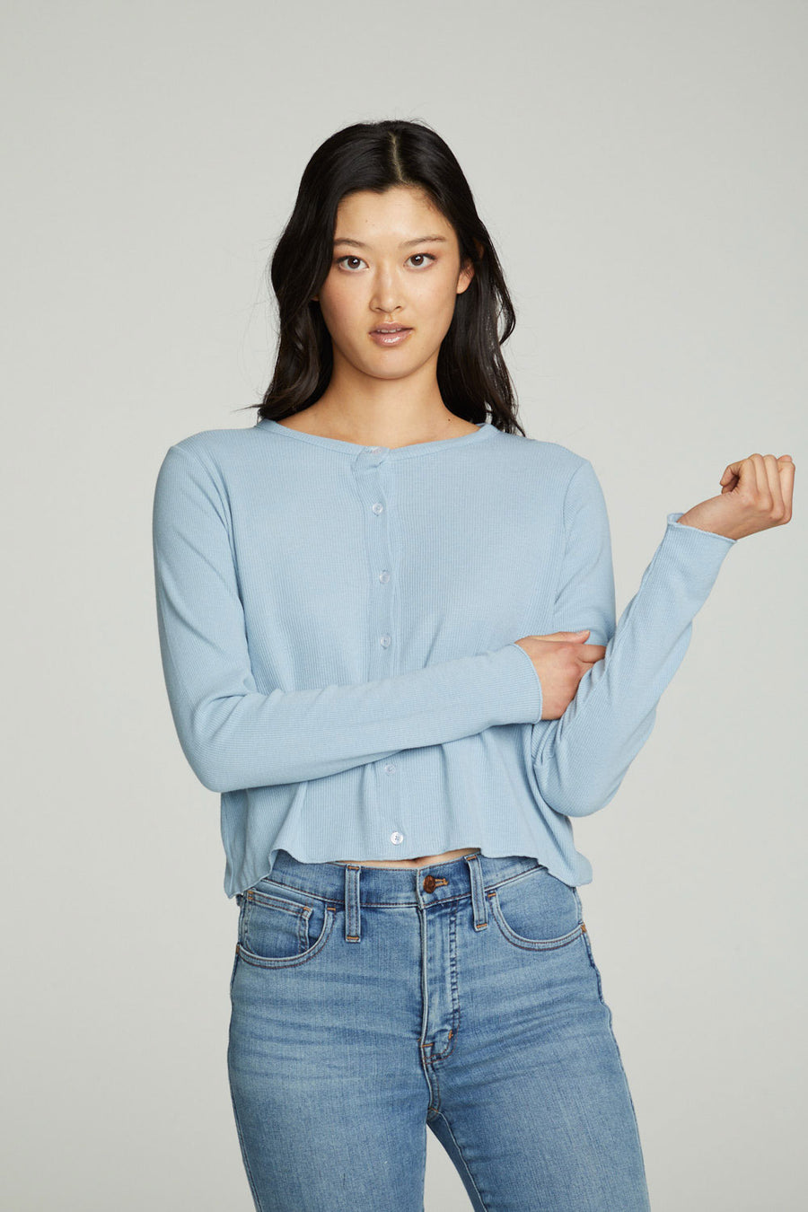 Long Sleeve Button Down Semi Cropped Tee WOMENS chaserbrand