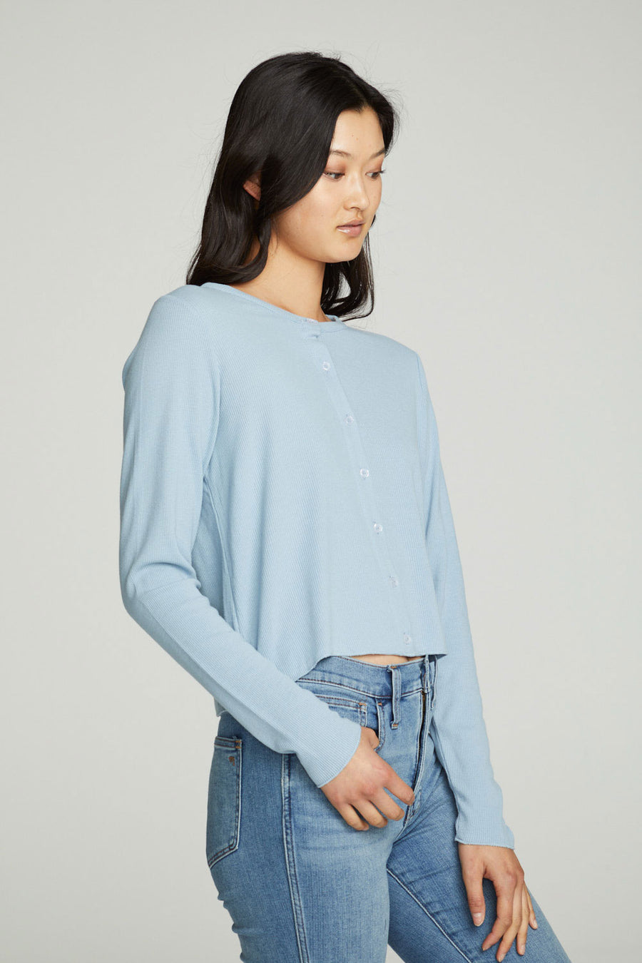 Long Sleeve Button Down Semi Cropped Tee WOMENS chaserbrand
