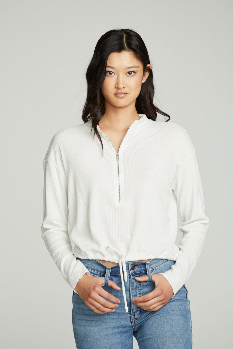 Long Sleeve Zipper Mock Neck Semi Cropped Tee WOMENS chaserbrand