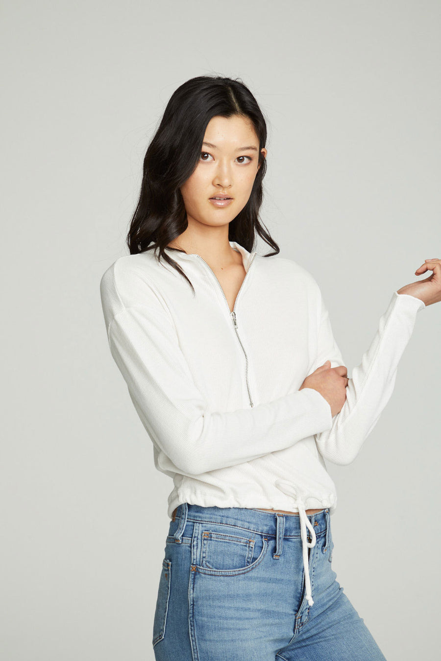 Long Sleeve Zipper Mock Neck Semi Cropped Tee WOMENS chaserbrand