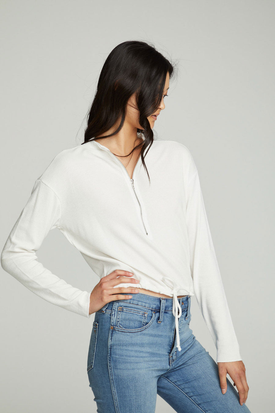 Long Sleeve Zipper Mock Neck Semi Cropped Tee WOMENS chaserbrand