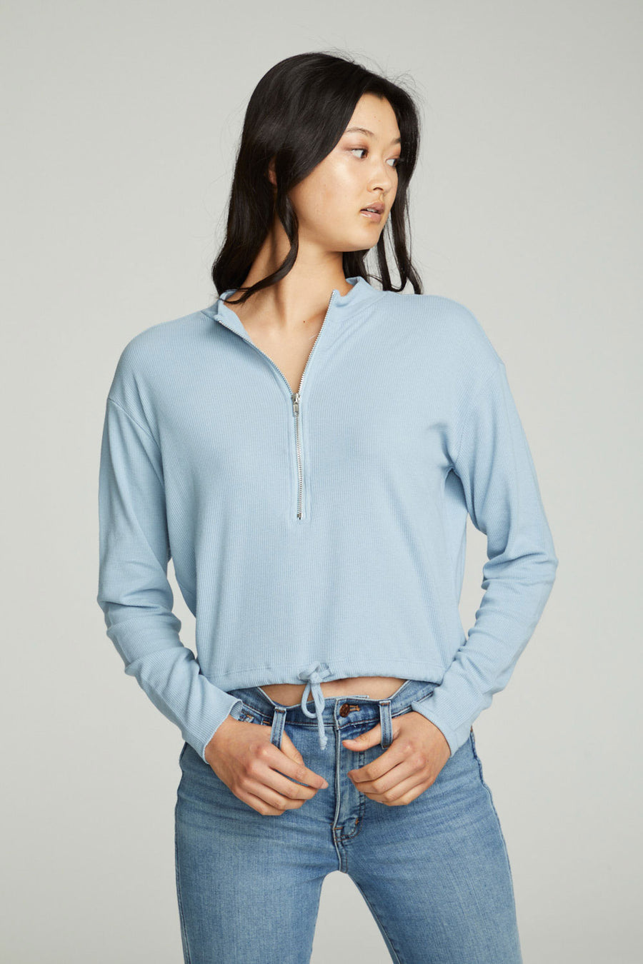 Long Sleeve Zipper Mock Neck Semi Cropped Tee WOMENS chaserbrand